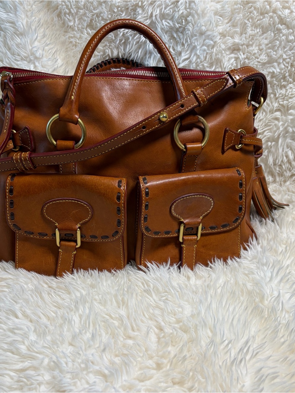 Dooney & Bourke Cognac Florentine Leather Equestrian Double Pocket Satchel Bag